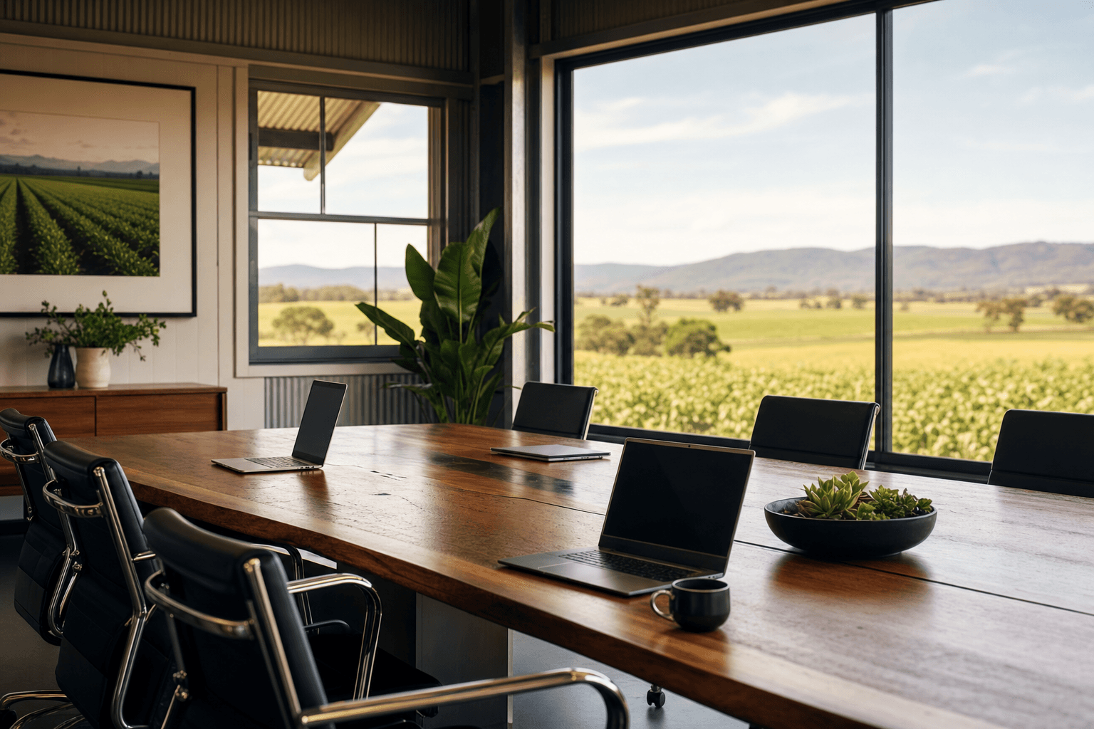 Modern agribusiness boardroom overlooking farmland