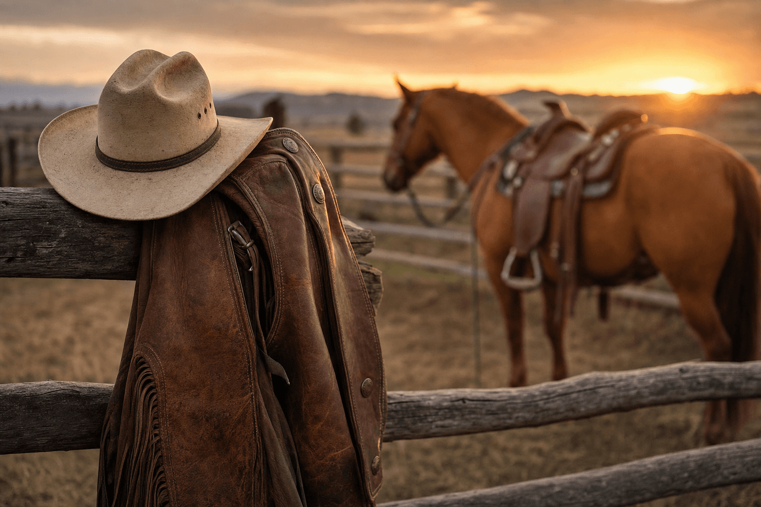 Cowboy hat and chaps on a fence with horse at sunset