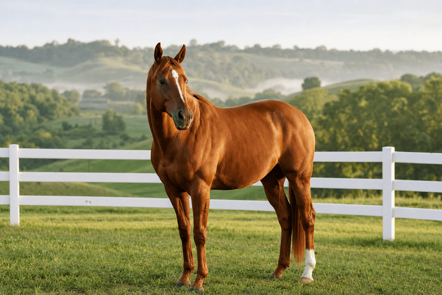 Chestnut thoroughbred horse in a paddock