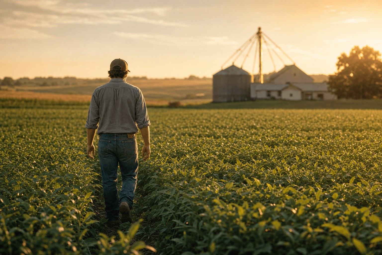 Farm worker walking through a row crop field at golden hour