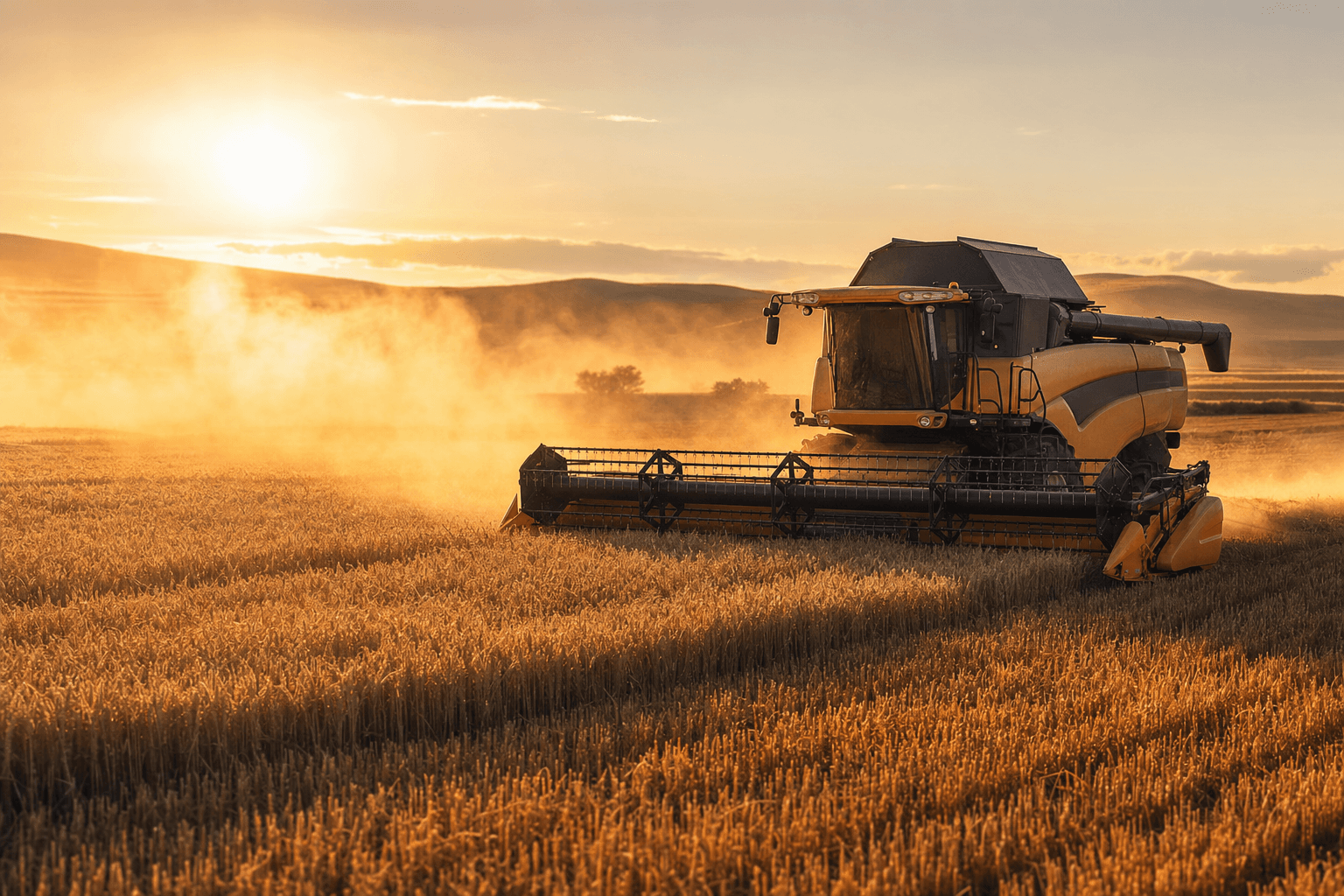Combine harvester working a wheat field at sunset