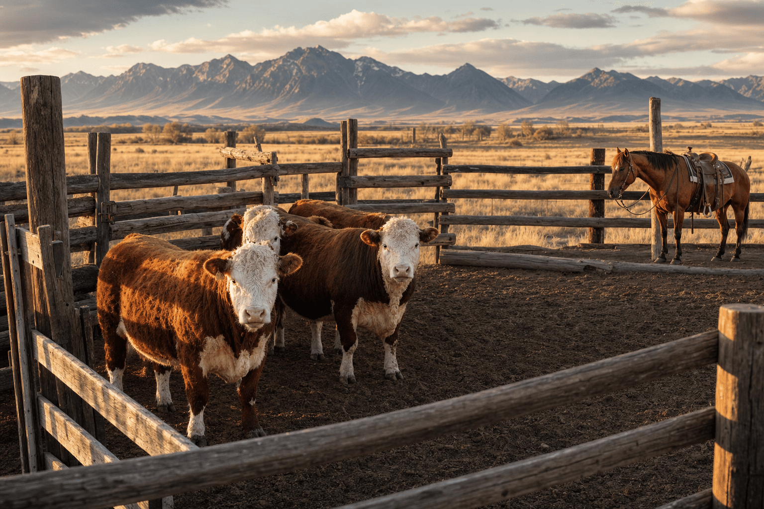 Working American cattle ranch with corral and saddled horse