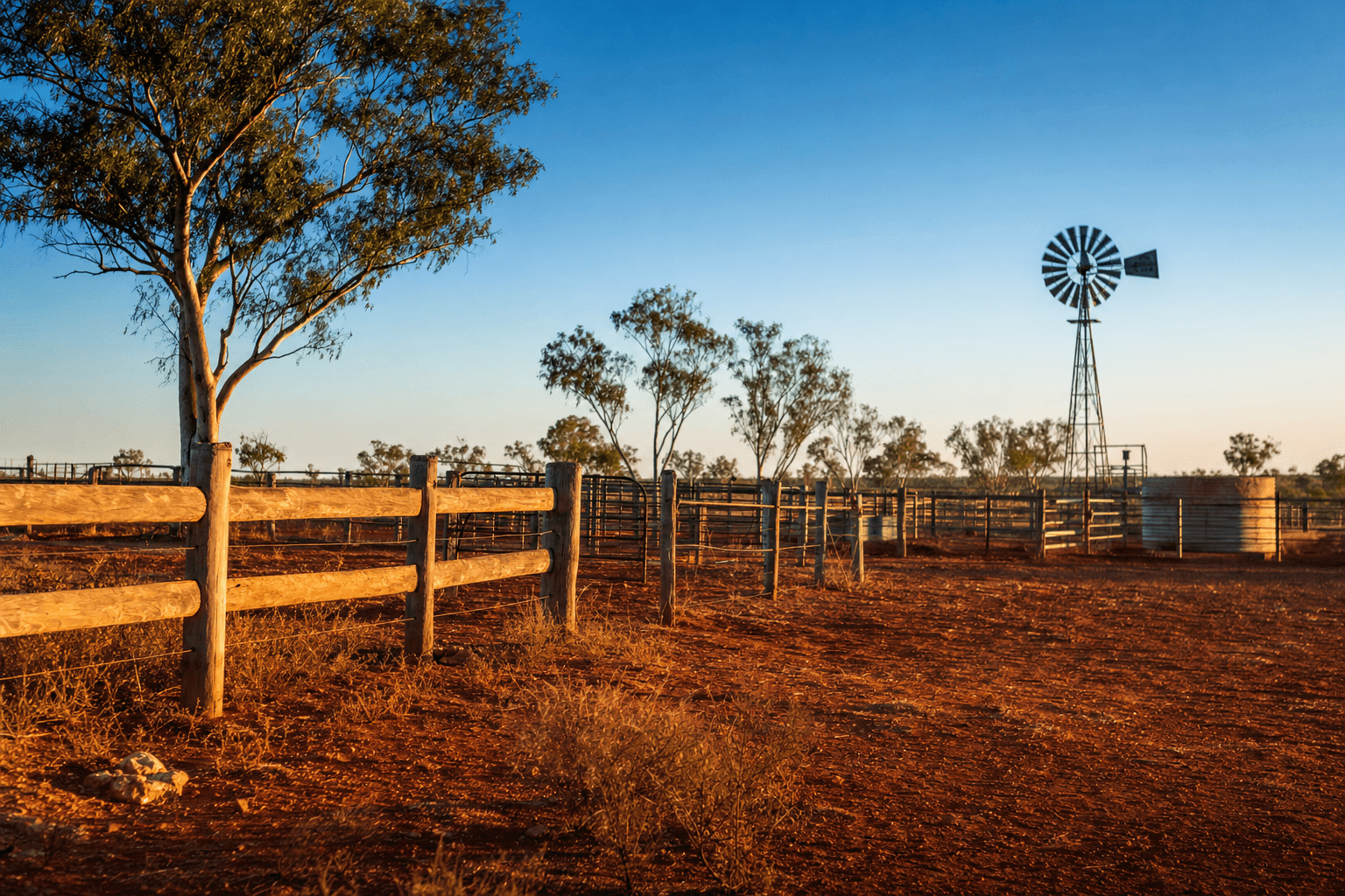 Australian outback cattle station with windmill and yards